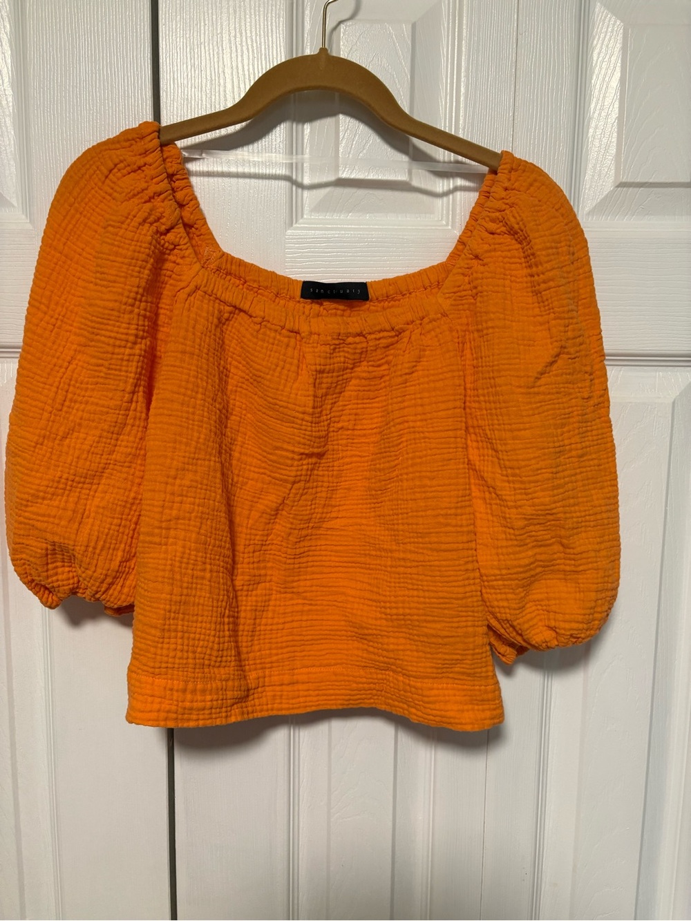 Sanctuary Pretty Orange Square Neck Puff Sleeve Peasant Top